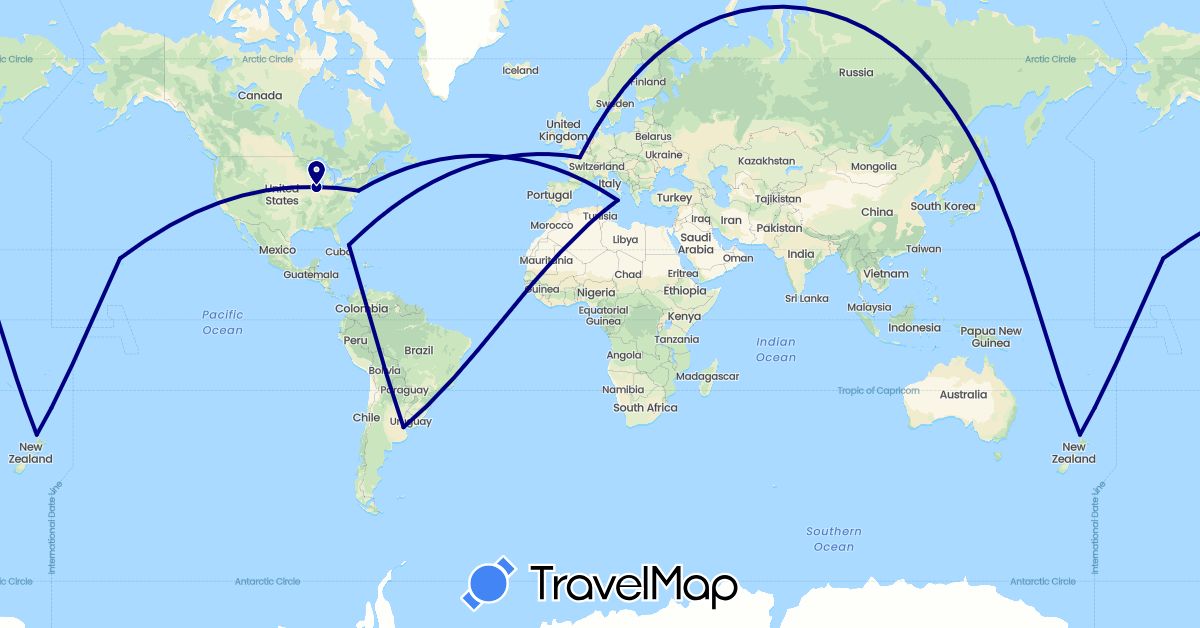 TravelMap itinerary: driving in Argentina, Bahamas, France, Italy, New Zealand, United States (Europe, North America, Oceania, South America)